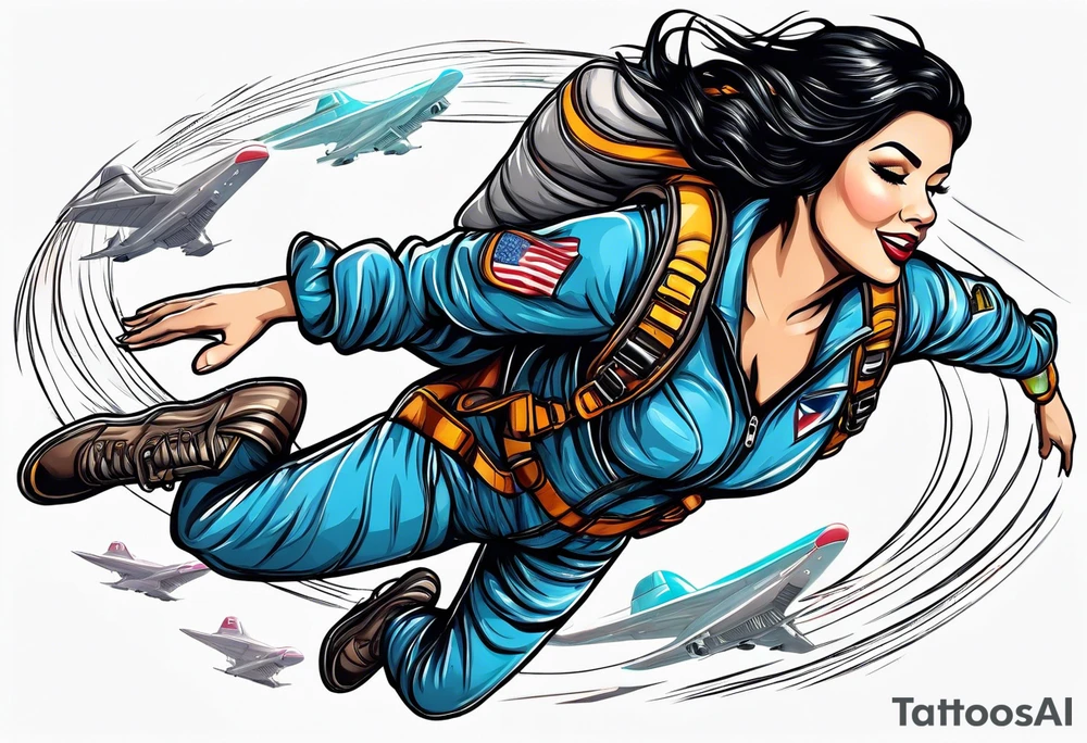 Black haired Woman skydiver jumping from plane with parachute tattoo idea