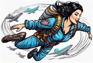Black haired Woman skydiver jumping from plane with parachute tattoo idea