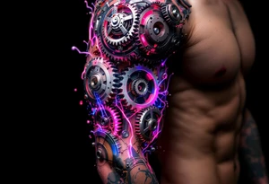 A biomechanical arm tattoo where gears spin under translucent synthetic skin lit with pink and cobalt blue veins. tattoo idea