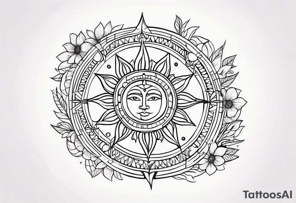 sacred moon and sun painted with Anishinaabe floral all over tattoo idea