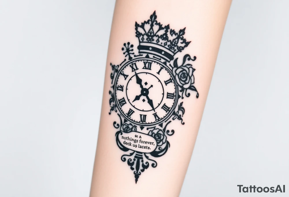 Roman clock with roses and a crown,  a quote that says nothings forever. and on the bottom a deck of cards tattoo idea