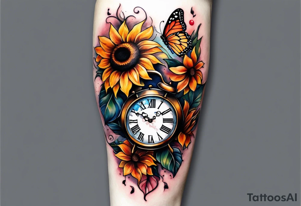 Sleeve with clock, sunflower and butterfly tattoo idea