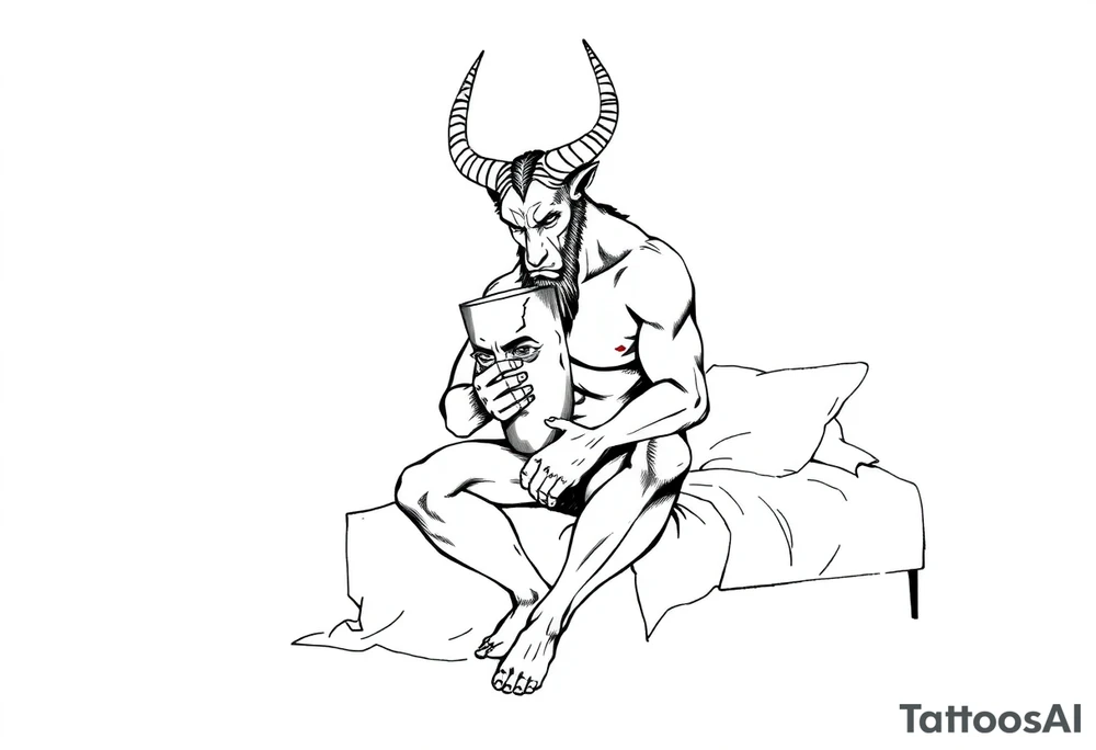 a minotaur holding a mans mask sitting on bed corner looking depressed tattoo idea