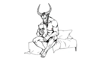 a minotaur holding a mans mask sitting on bed corner looking depressed tattoo idea