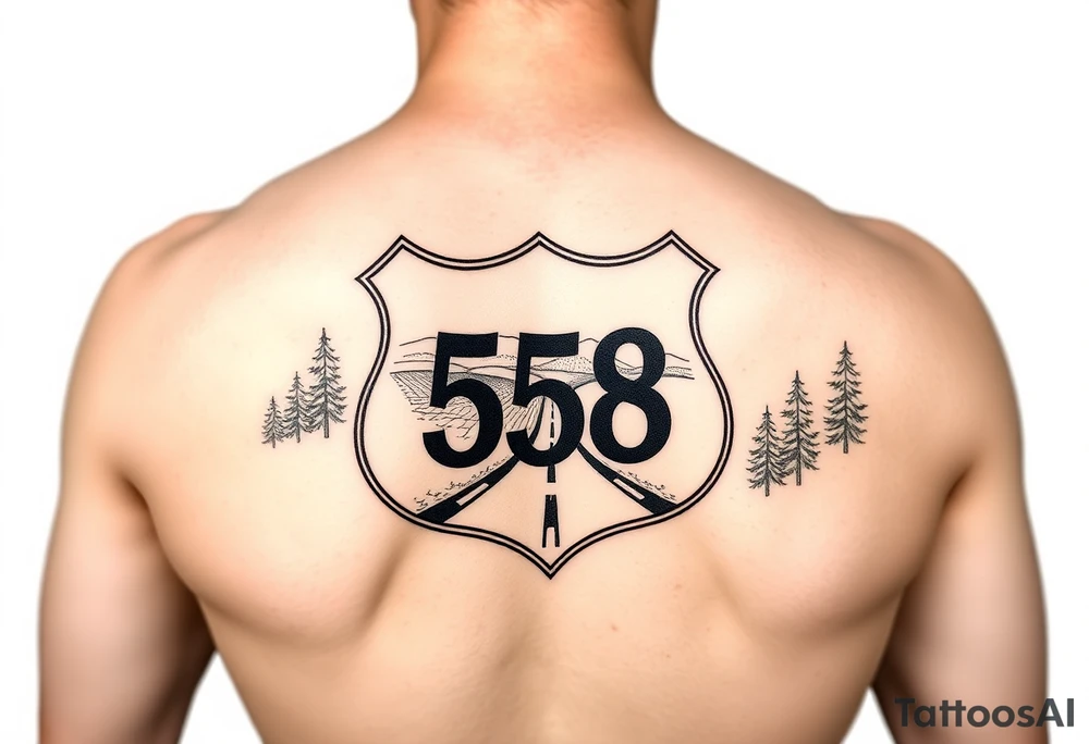 Arm sleeve State Route sign 558, with trees all around and farm in background, road w/ view tattoo idea