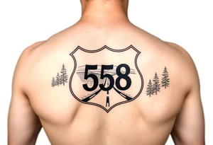Arm sleeve State Route sign 558, with trees all around and farm in background, road w/ view tattoo idea