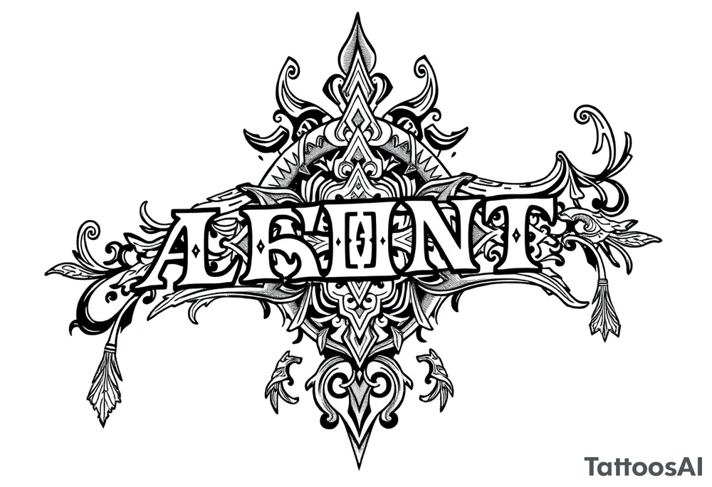 long ornament shaman style mytical with ancient rhyme letters tattoo idea