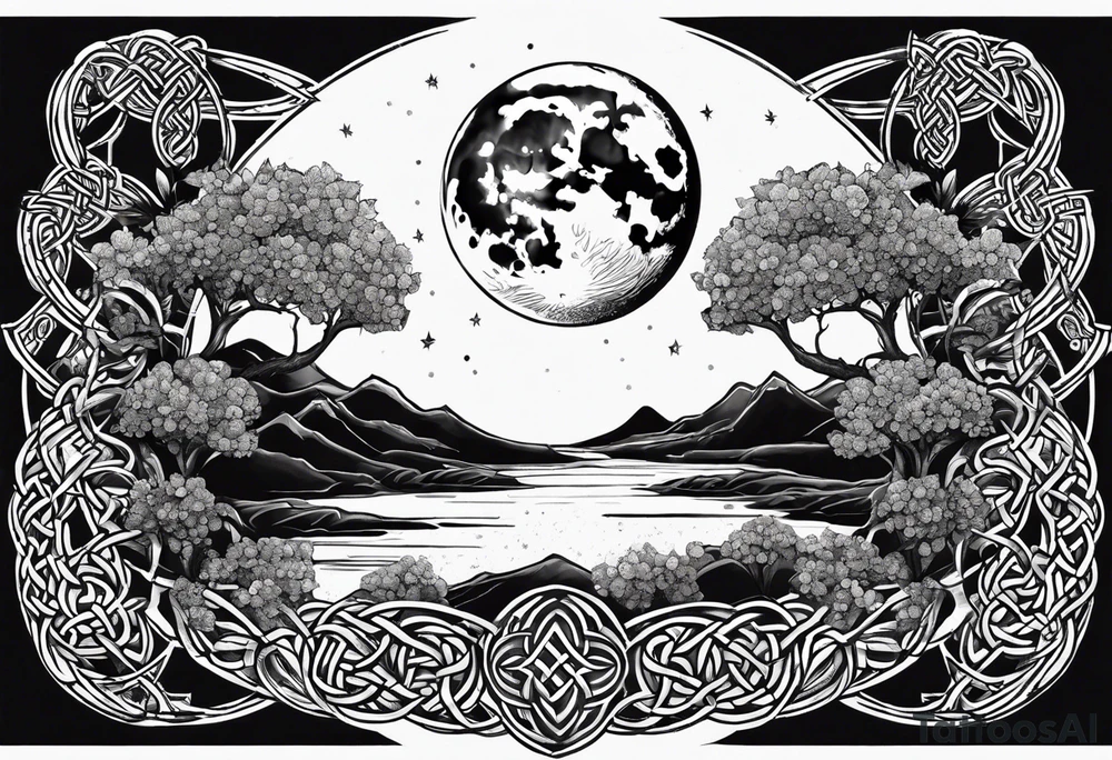 Moon, celtic symbol, hydrangia tattoo idea