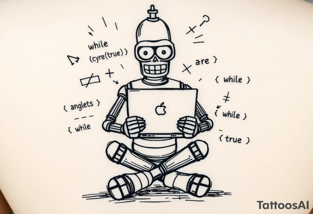 Sketch style tattoo of a robot inspired by Bender from Futurama, sitting cross-legged with a laptop on his lap. Around him are rough, hand-drawn programming symbols like angle brackets, curly braces, and snippets of messy code like 'while (true) {}'. Add sketchy energy lines or sparks, as if he's deeply focused. Black ink only, rough pencil-drawing aesthetic. Designed for shoulder placement tattoo idea