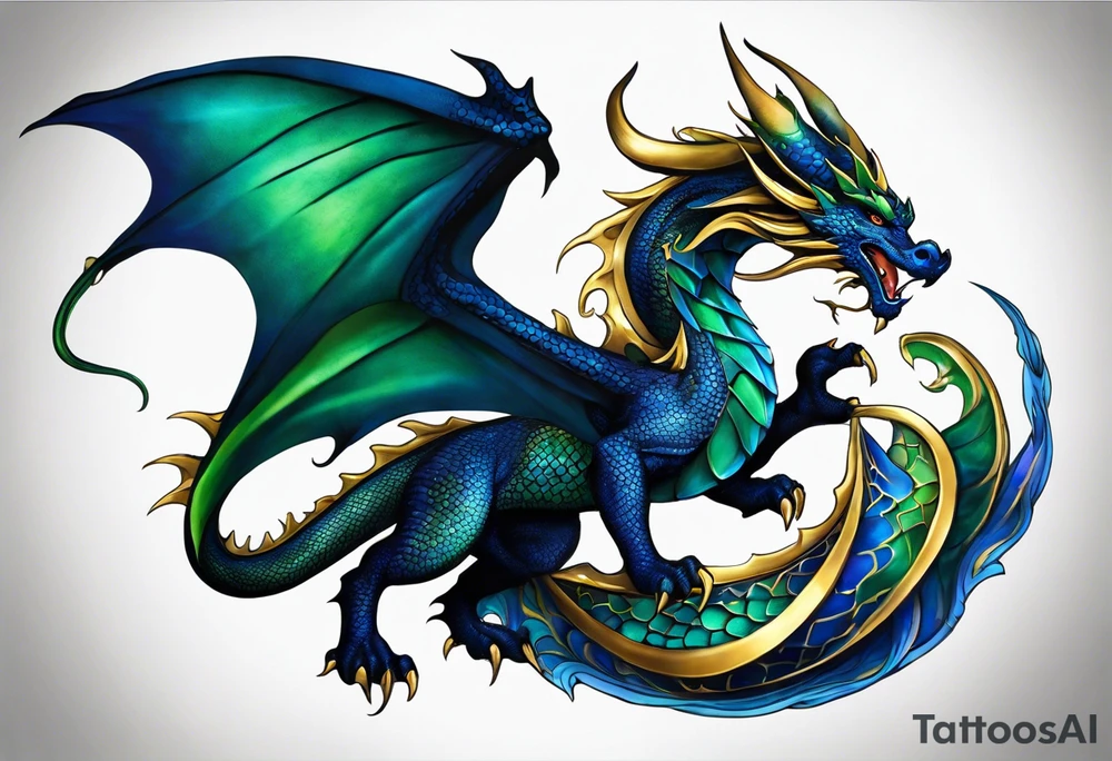 An epic floating wingless dragon, its body coiling dynamically, with scales and horns detailed to create a sense of movement and strength. The dragon's main color is dark blue but features accents in green, blue, and gold, giving a vibrant depth and a mystical aura. This tattoo highlights the dragon’s fierce expression and sharp claws as it wraps protectively around the leg. Style: Realism tattoo idea
