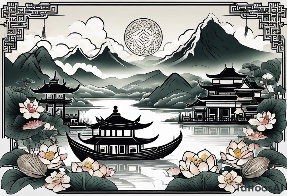 A black Vietnamese tattoo design featuring intricate depictions of sacred animals like the dragon and turtle intertwined with majestic mountains and lush rice fields. Incorporate iconic elements such as the conical straw hat floating above, surrounded by blooming lotus flowers and traditional silk lanterns. The tattoo reflects the essence of Vietnam's breathtaking nature, with swirling mist and flowing water elements woven into the composition, merging traditional artistry with a modern flair. Use a color palette that evokes the lush greens of the countryside and the warm tones of sunset. tattoo idea