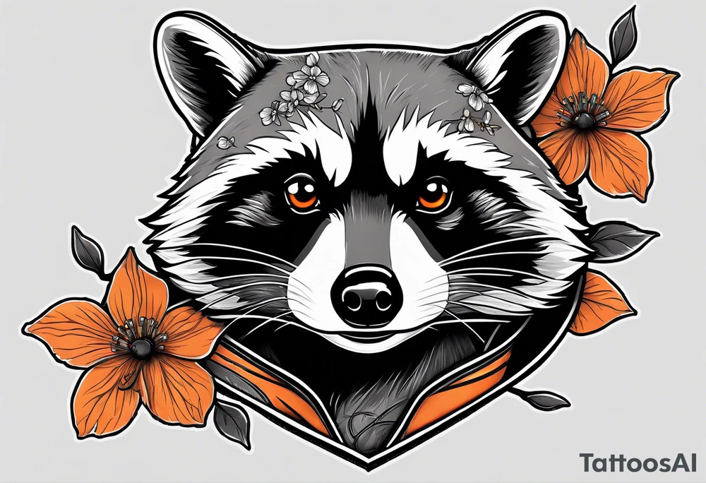raccoon wearing a black and white Superman hoodie and orange Japanese cherry blossoms tattoo idea