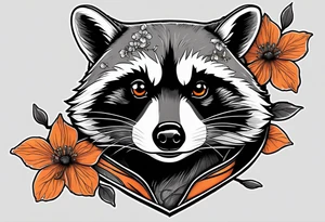 raccoon wearing a black and white Superman hoodie and orange Japanese cherry blossoms tattoo idea