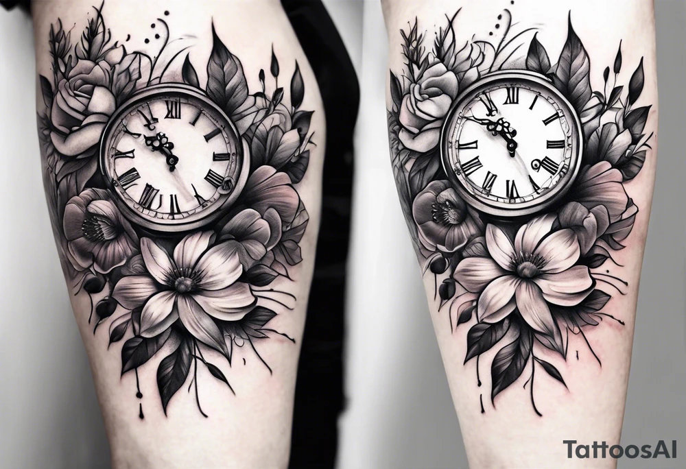 Flowers and clock tattoo idea