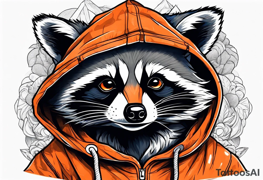 Raccoon wearing an orange Superman hoodie tattoo idea