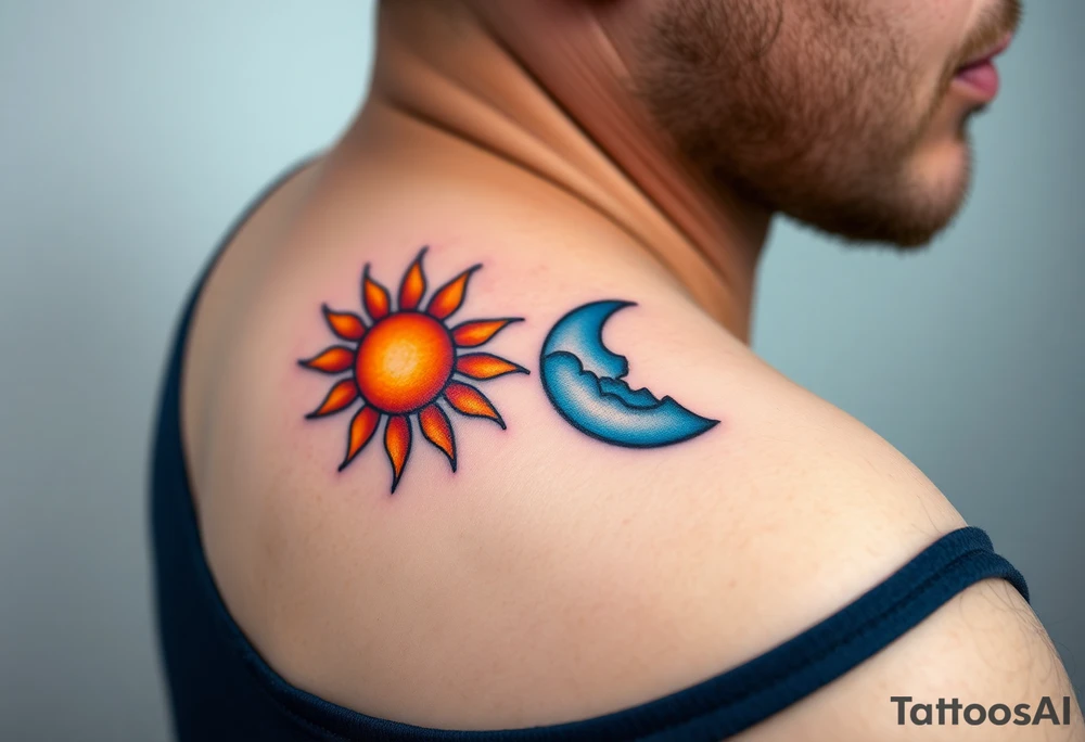 Matching sun and moon tattoos in warm orange and cool blue signify balance and harmony between father and kids. tattoo idea