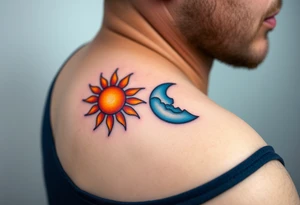 Matching sun and moon tattoos in warm orange and cool blue signify balance and harmony between father and kids. tattoo idea