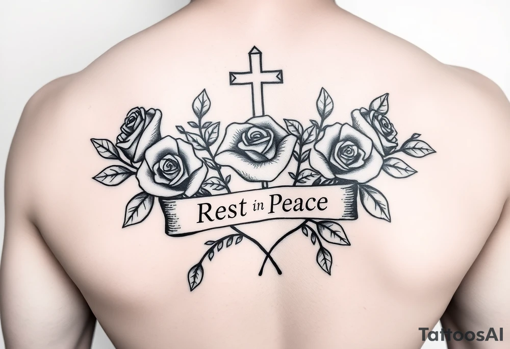 Hip hop religious rest in peace with roses and a banner for a name arm tattoo tattoo idea