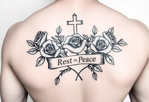 Hip hop religious rest in peace with roses and a banner for a name arm tattoo tattoo idea