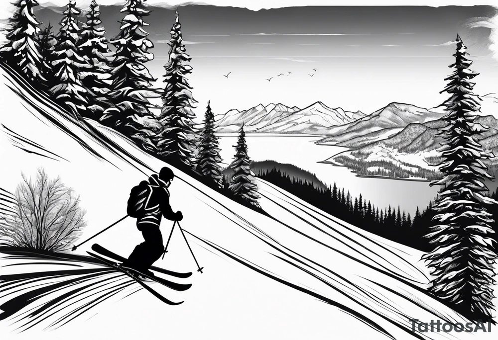 snow skier coming down mountain in distance with trees and mountains and lake at bottom tattoo idea