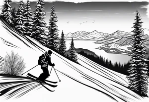 snow skier coming down mountain in distance with trees and mountains and lake at bottom tattoo idea