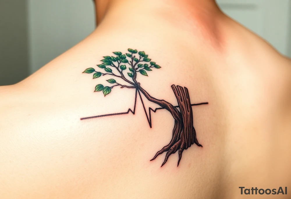 A heartbeat line flowing into a tree silhouette, with green leaves and brown bark, symbolizing the growth and strength of love tattoo idea