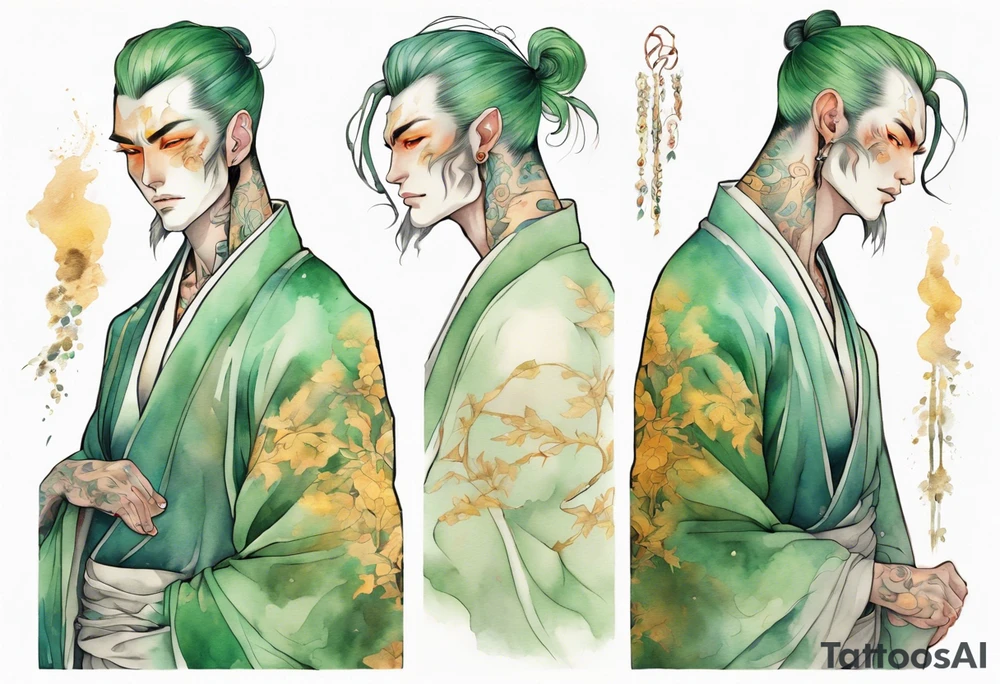 A tall beautiful man with pale green skin and long of green and gold and auburn and silver with amber eyes tattoo idea