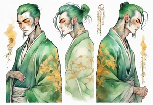 A tall beautiful man with pale green skin and long of green and gold and auburn and silver with amber eyes tattoo idea