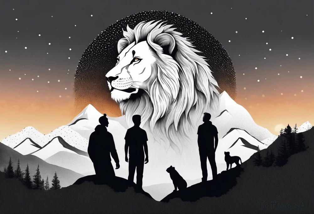 a father and son in the mountains with  a waterfall and cross in the background and a sunset designed into the shape of a lion head tattoo idea