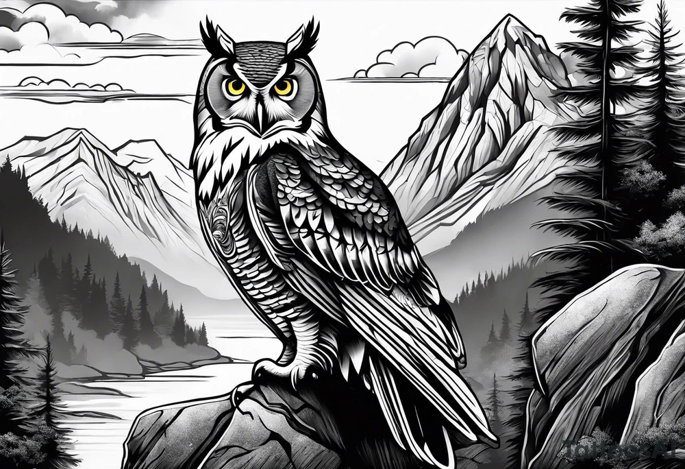 Realistic owl in trees with mountains rocks and cascading water. Sky with clouds. tattoo idea