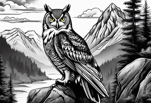 Realistic owl in trees with mountains rocks and cascading water.  Sky with clouds. tattoo idea