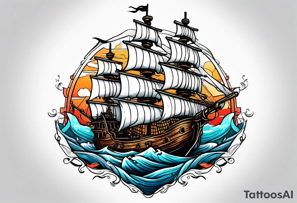 Pirate ship win water with castle next to it tattoo idea
