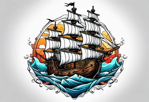Pirate ship win water with castle next to it tattoo idea