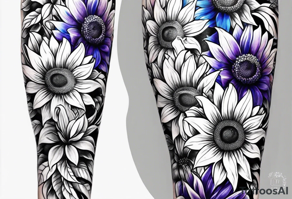 Full leg sleeve with purple, orange and blue sunflowers tattoo idea