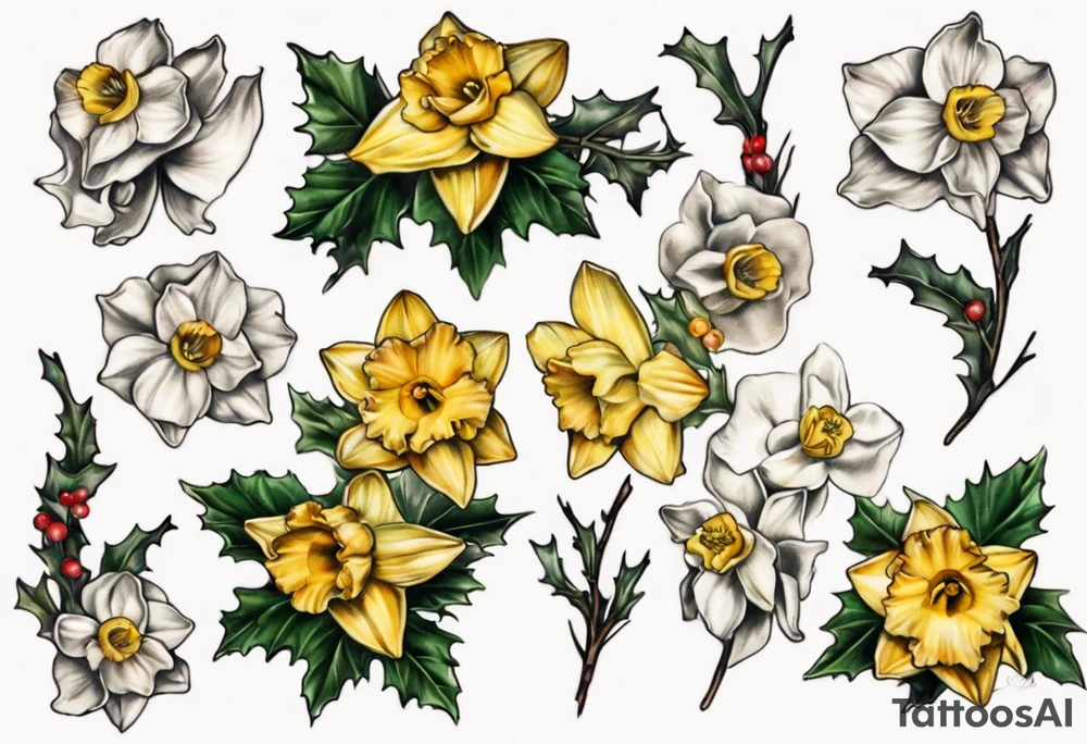 OAKLEE with Narcissus and holly flowers tattoo idea