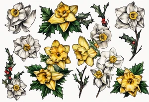 OAKLEE with Narcissus and holly flowers tattoo idea