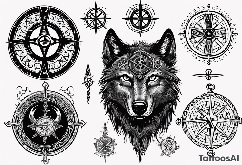 Black wolf with Viking Vegvísir compass on its forehead tattoo idea