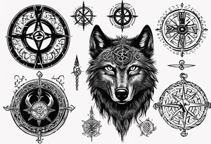 Black wolf with Viking Vegvísir compass on its forehead tattoo idea