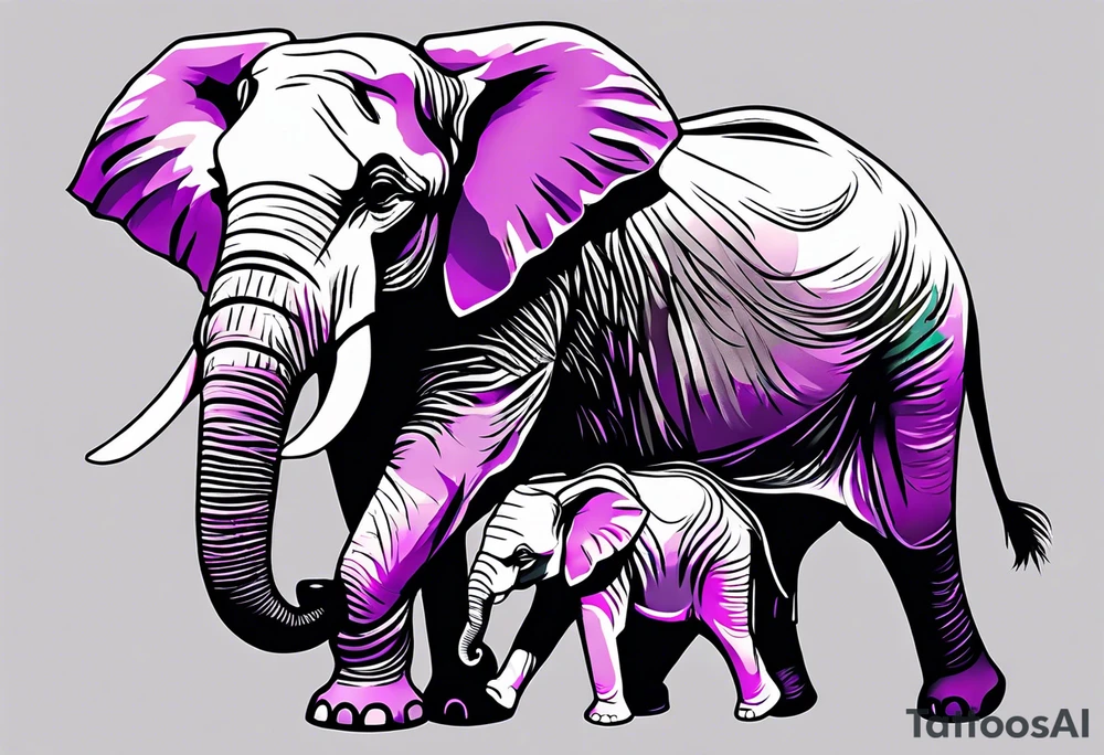 Elephant with baby Elephant holding lilacs tattoo idea