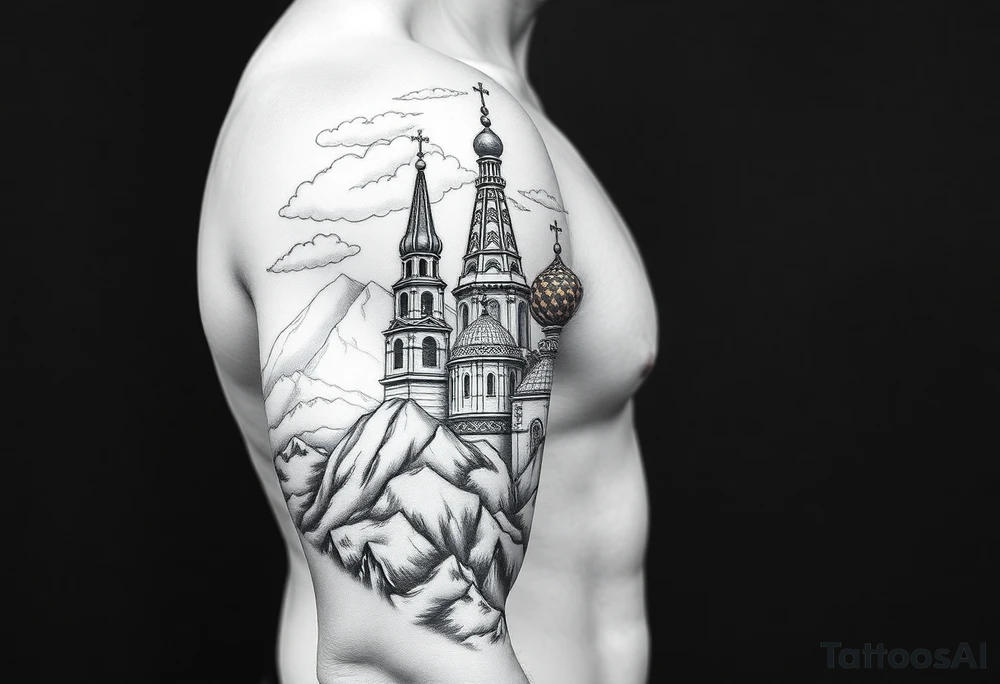 russian orthodox christian left arm tattoo with st basils cathederal in a mountainous setting with clouds tattoo idea