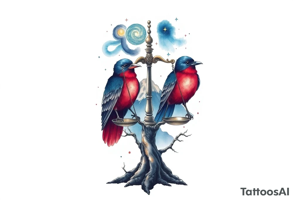one of the birds red wearing a suit, other bird navy blue with glasses or holding a book, scales of justice built into a tree, starry night painting and mountain background tattoo idea