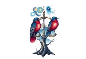 one of the birds red wearing a suit, other bird navy blue with glasses or holding a book, scales of justice built into a tree, starry night painting and mountain background tattoo idea