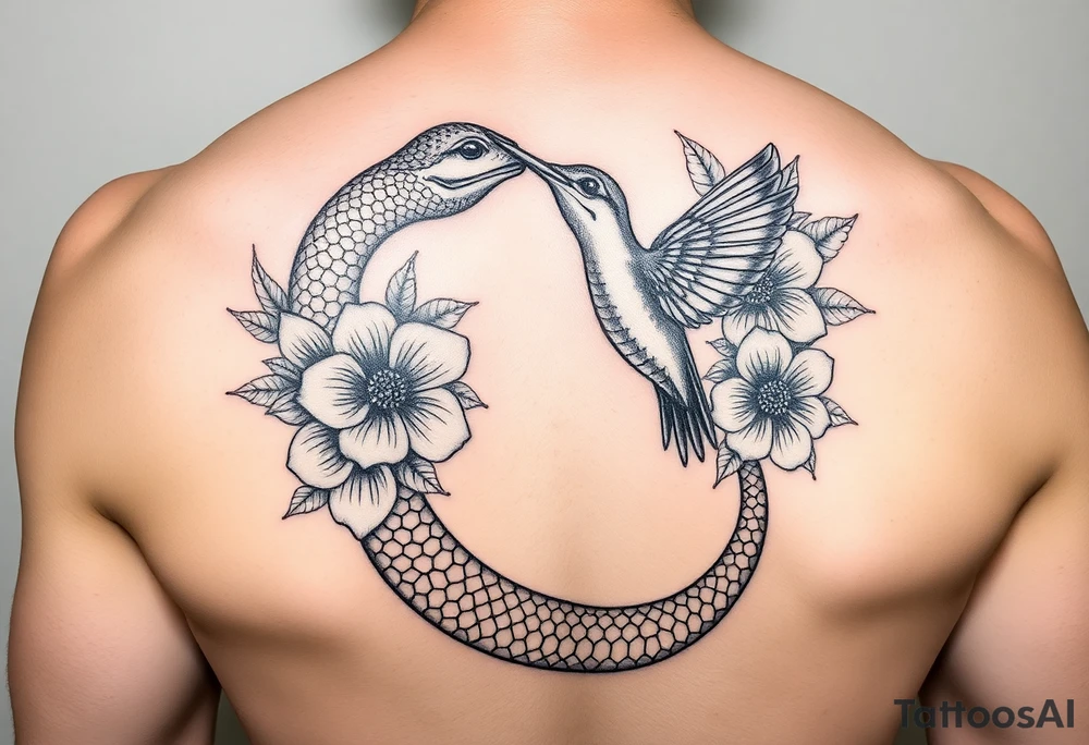 powerful beautiful snake holds hummingbird with flowers tattoo idea