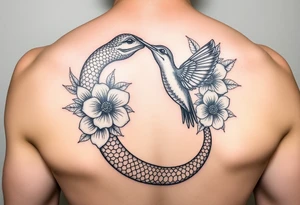 powerful beautiful snake holds hummingbird with flowers tattoo idea