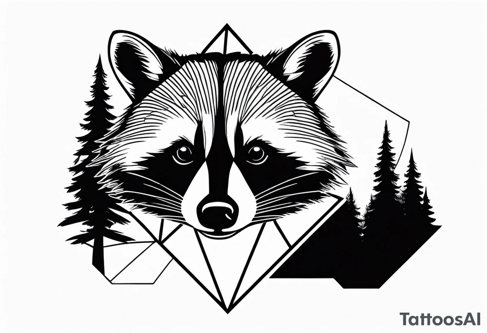 Portrait of raccoon with trees in background in the shape of a diamond tattoo idea