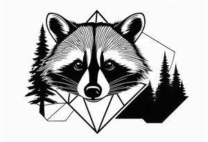 Portrait of raccoon with trees in background in the shape of a diamond tattoo idea