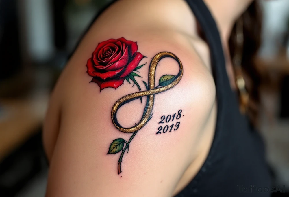 Description: A detailed rose with its stem forming an infinity symbol, with the couple’s wedding date beautifully incorporated into the design. Red rose with green leaves, gold for the infinity symbol, and black for the date. tattoo idea