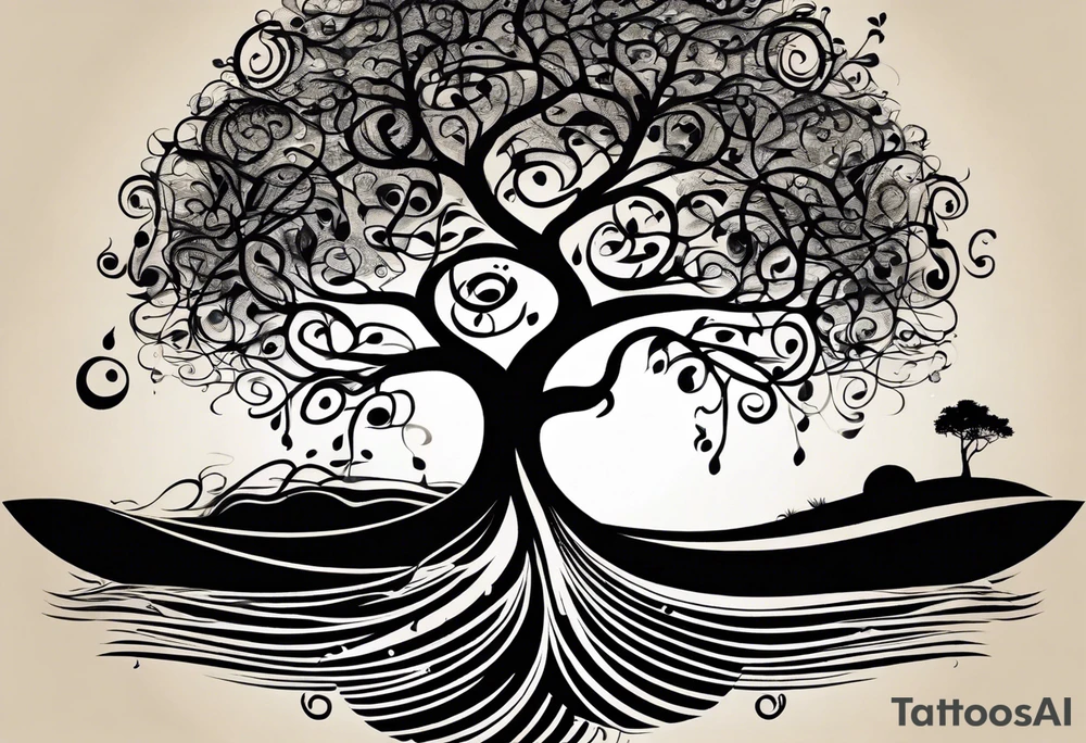A tattoo design that incorporates the following elements: an abstract tree of life that has roots emerging  from the ground. Waves of water encapsulate the tree and wind around it in an organic way.  Incorporate music.   the letters U and A are overlapping and engraved into the tree. a golf ball incorporated but not prominent. tattoo idea