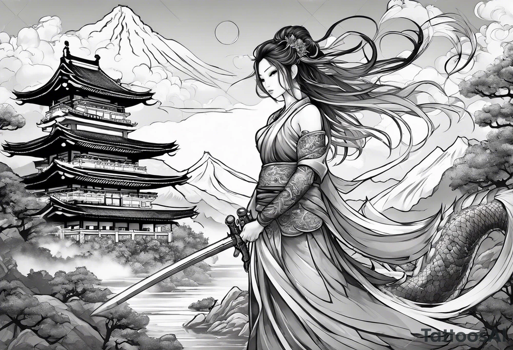 warrior beautiful fairy nymph with a full body with a sword and a full dragon with a mountain with clouds and a Japanese building background tattoo idea