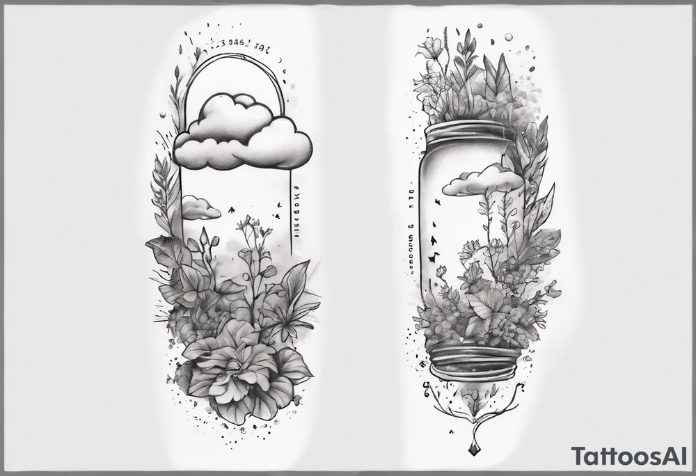 a forearm tattoo with a cloud with little plants and underneath it the date 12.08.05 tattoo idea
